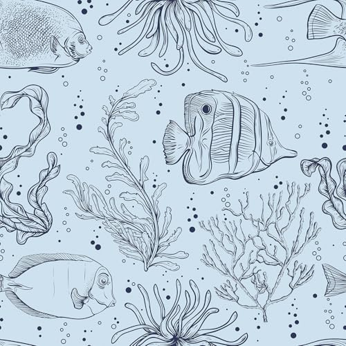 FunStick Peel and Stick Wallpaper Bedroom Blue Ocean Fish Seaweed Coral Sticky Back Plastic Roll Pattern Light Blue Wallpaper for Bathroom Nursery Room Vinyl Wrap for Furniture Reef Beach 44.5CMX3M