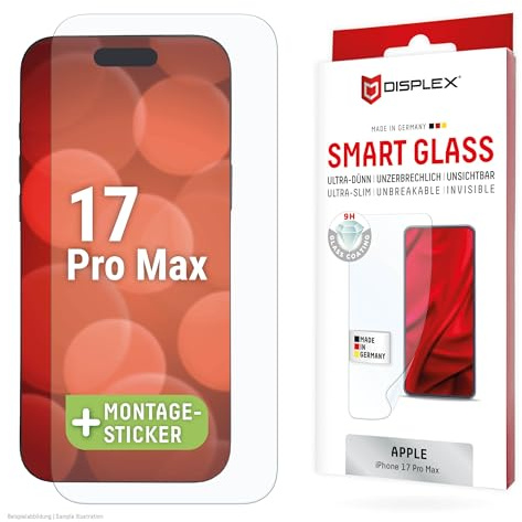 Schutzfolie mit Glasoberfläche für iPhone 17 Pro Max (9H), Made in Germany | DISPLEX Smart Glass, unzerbrechlich, kratzfest, 9H Härte, ultra-dünn, kristallklar, mit Montagehilfe