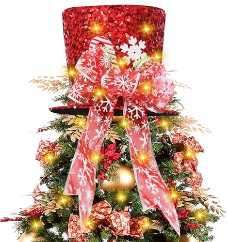 Christmas Tree Topper Hat, Candy Cane Tree Topper with Warm Lights and Large Bow Retractable Foldable Xmas Tree Top Hat Red Shiny Christmas Decorations for Holiday Home Ornaments Decor (Red)