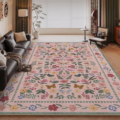 RUGMRZ Non Slip Carpet Rugs For Living Room Pink 200x260CM, Low Pile XXL rug Modern flowers for Front room,Kids