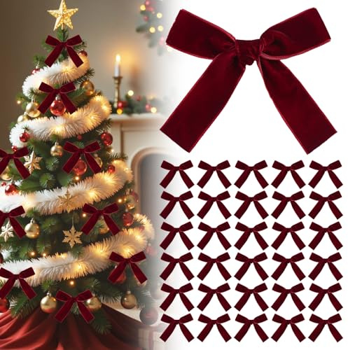 WANDIC 30 Stück Rot Samt Bügen Weihnachtsornamente, Rustikale Weihnachtsgirlande Samtschleifen, Vintage Samt Bänder für Weihnachtsbaumspitze Geschenkverpackungen Hochzeit Haardekoration