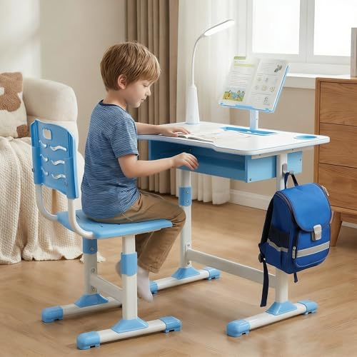 Schreibtisch Kinder Höhenverstellbar, Jugendschreibtisch Schülerschreibtisch mit Bücherständer Schublade&LED-Licht, Ergonomischem Schreibtischstuhl Stuhl, Kinder Schreibtisch für Jungs&Mädchen (Blau)
