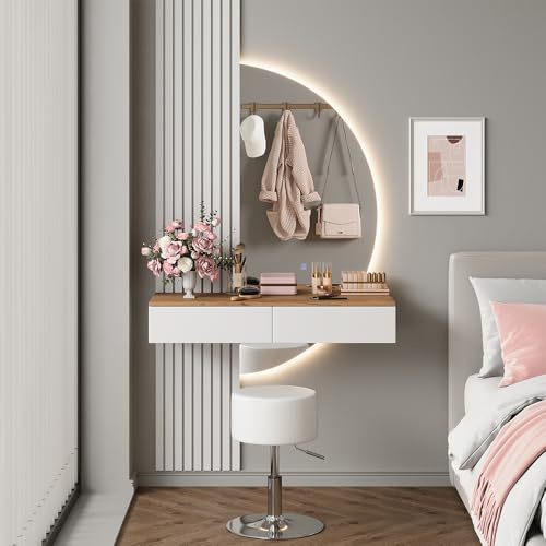 Vicco Schminktisch Melina, Weiß/Eiche, 100 cm | mit LED-Spiegel und Hocker, Perfekt für eine strukturierte Beauty-Routine