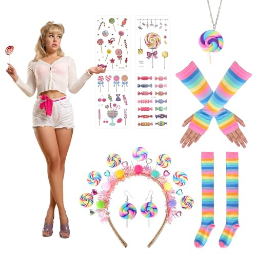 Zidoley 11 Stück Candy Kostüm Damen Set mit Lollipop Haarreif & Haarschmuck Tattoos & Socken, Süßigkeitenkostüm, Candy schokobons Kostüm Damen, Karneval Accessoires für Karneval, Fasching, Halloween