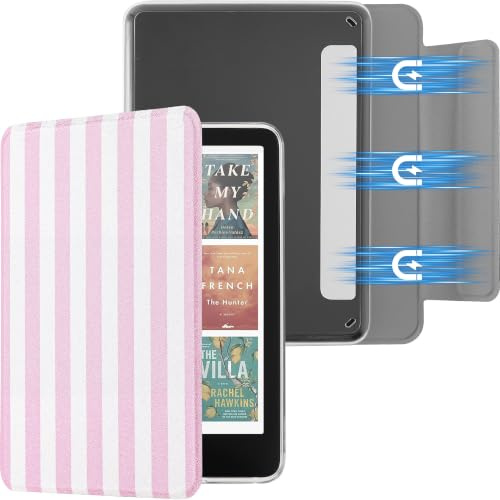 Litvana Abnehmbare Magnetische Hülle für 6'' Kindle 11. Generation (2022 & 2024), Schlanke PU-Schale mit Auto Wake/Sleep, Rosa-weiße Streifen