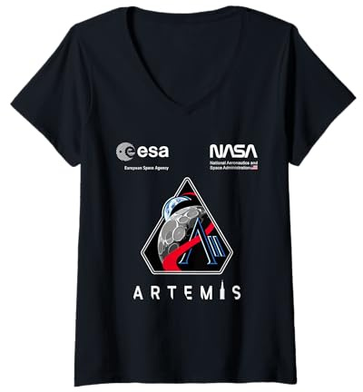 Damen NASA Artemis II Mission Patch Worm und ESA Logo T-Shirt mit V-Ausschnitt