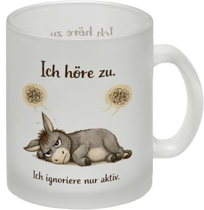 Eddi Esel Ich höre zu Ich ignoriere nur aktiv Glas Tasse für Morgenmuffel lustiger Büro-Becher mit Spruch