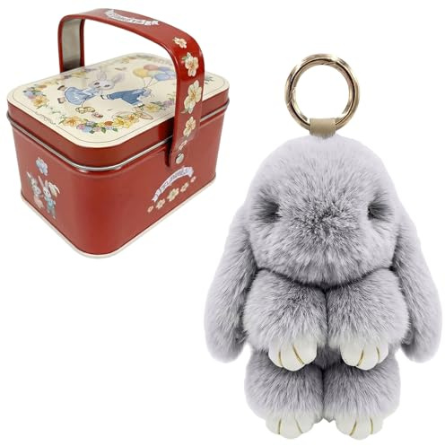 OPVYAEU porte clé peluche lapin boîte métal charm sac pendentif lapin mignon accessoire sac kawaii cadeau de fin d'études cadeau de fête des pères cadeau d'anniversaire fluffy soft