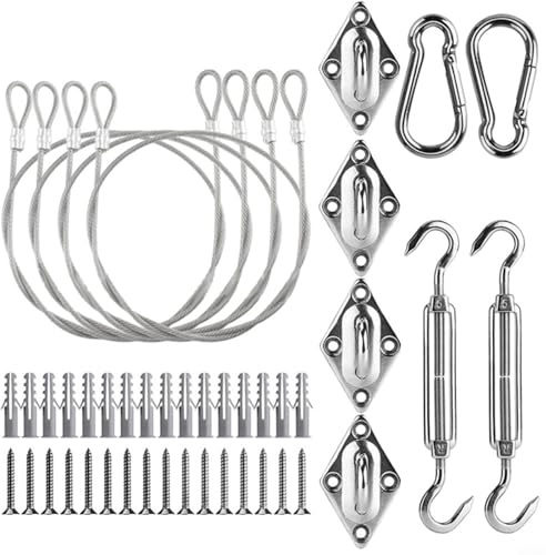 Nexbrill 44 Pcs Stainless Steel Shade Sail Hardware Kit with Turnbuckles, Snap Hooks, Pad Eyelets and 1.5m Wire Ropes for Triangular or Rectangular Sun Shade Installation in Garden or Patio