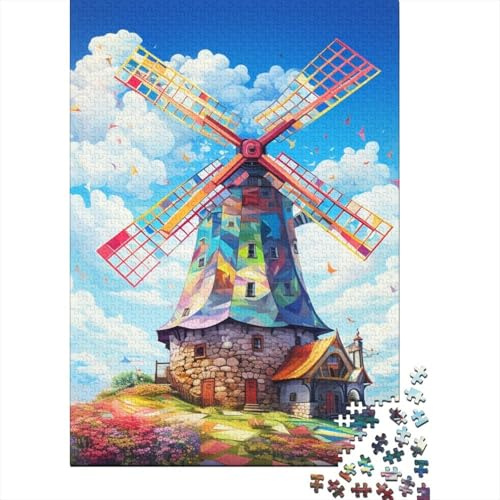 Bunte Windmühle Landschaft 1000 Teile Puzzle Papier Puzzle für Erwachsene Entspannung Konzentration Familienspaß Wohndekoration Geschenk 38x26cm/1000pcs