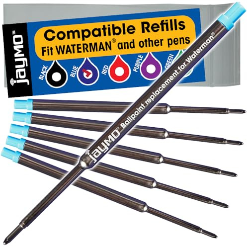 Jaymo Replacement for Waterman 834264 - Measures 4.4 in / 112 mm Long - Ballpoint Pen Refill - 6 Blue