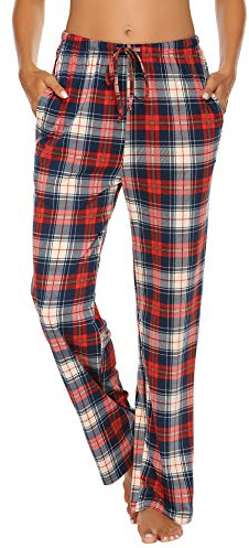 Ekouaer Pyjamahose Damen Lang Schlafanzughose Nachtwäsche Freizeithose Strandhose Karierte/Unifarbe Schlafhose mit Taschen und Kordelzug Blau L