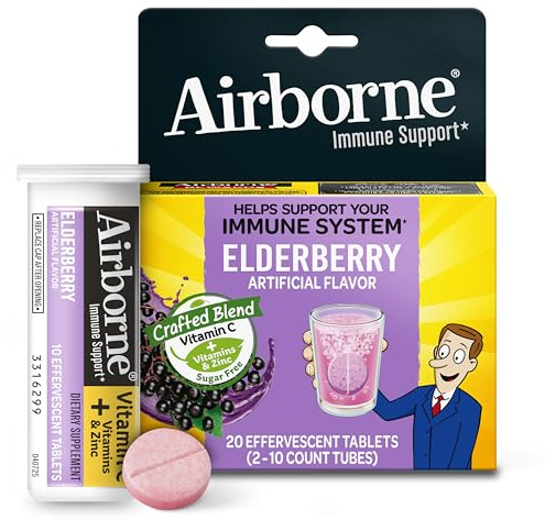 Airborne Elderberry + Zinc & Vitamin C Effervescent Tablets, Immune Support Supplement With Powerful Antioxidant Vitamins A C E, 20 Fizzy Drink Tablets, Elderberry Flavor