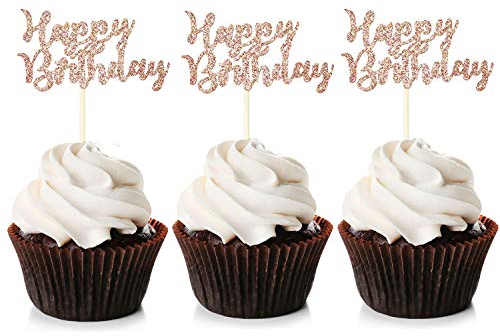 Unimall Global 24 Stück Happy Birthday Cupcake Toppers Roségold Geburtstag Torte Topper Happy Birthday Kuchendekoration Cake Toppers