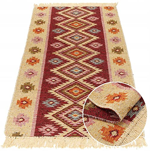 e-floor Teppich für Wohnzimmer Baumwolleteppich | Gewebt | Doppelseitiges Muster | Boho Kelim Teppiche | Teppichläufer | Küchenteppich | Schlafzimmer | Burgunder | 80x150 cm