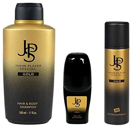 John Player Special Gold Hair & Body Shampoo 500ml & Deospray 150ml & Deo Roll-On 50 ml