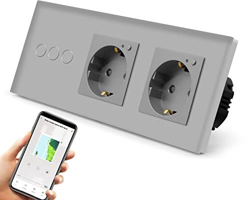 BSEED Interruptor Persiana WiFi,interruptores tactil empotrado,Inteligente Control de Porcentaje,Panel de Cristal,Control Remoto,Requiere Cable Neutro,Persiana + 2 Wifi Enchufes,228mm Gris