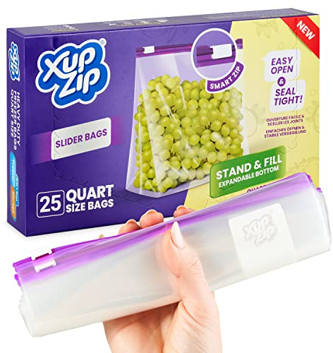 Premium Food Storage Freezer Bags by XupZip™ | Stand Up Smart Zip Slider, Reusable, Heavy-Duty Plastic | Airtight and Leakproof Smart Zip Seal | BPA Free… (Quart - 1L)