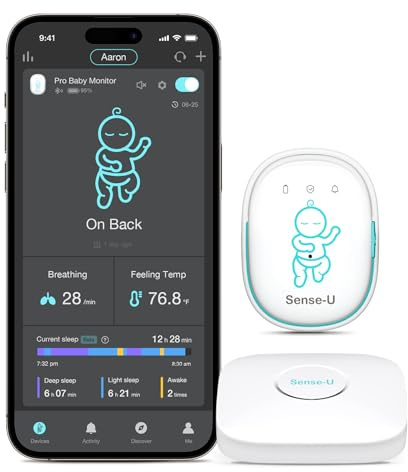 Sense-U Pro Baby Monitor(Long Range) – Tracks Breathing Movement, Rollover & Temperature Anywhere for Better Sleep, Simple Clip-On Smart Tracker with Arousal Vibration, Audible Alerts & Sleep Analysis
