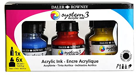Daler-Rowney System3 Acrylic Ink Set, 6 x 29.5ml Bottles & 1 FW Mixed Media Marker, Assorted Colours, For Professional Artists & Students