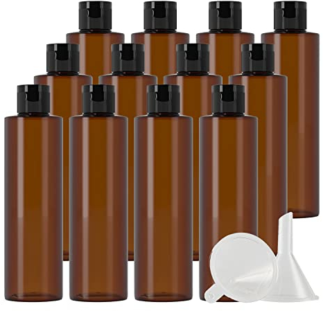 ZEOABSY 12 Pièces 250 ML Marron Bouteille en Plastique avec Bouchon à Charnière Noir, Épaule Plate Vider Bouteille Ronde en PET de Voyage pour Cosmétiques Liquides