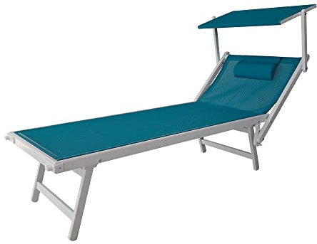 TEMPO STYLE - Lettino Mare Professionale in Alluminio L-Mediterraneo | Pieghevole con Tetto Parasole, Rivestimento in Textilene, Ideale per Spiaggia, Piscina e Giardino (Verde/Bianco)