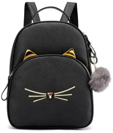 Mini-Rucksack mit Cartoon-Katze, niedlicher Rucksack für Damen, Freizeit, Kleiner Rucksack, Tagesrucksack, PU-Leder, Schultertasche (Schwarz)