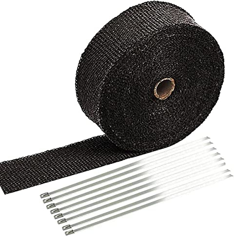 Cinta Anticalorica Escape Aislante, Cinta Anticalorica para Tubos de Escape Motocicleta con 8 Piezas Bridas Metálicas de Acero Inoxidable para moto coche (5cm x 5m, negro)