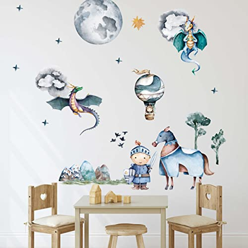 WANDKIND Ritter und Drache Wandtattoo Kinderzimmer V384 | handgezeichnet | AUFKLEBER Kindergarten | Babyzimmer Wandsticker Schloss Prinzessin Heissluftballon Wanddeko (100 x 100 cm)