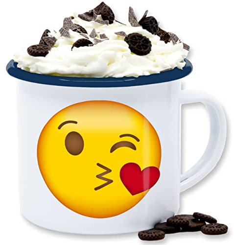 Emaille Tasse Blechtasse - Statement - Emoticon Kuss-Mund - 300 ml - Weiß Blau - statements kuss frohes neues jahr kussmund new year mit