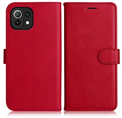 DENDICO Coque pour Xiaomi MI 11 Lite 4G / 5G, PU en Cuir Coque Portefeuille Étui Housse, Design Classique TPU Coque pour Xiaomi MI 11 Lite 4G / 5G, Rouge