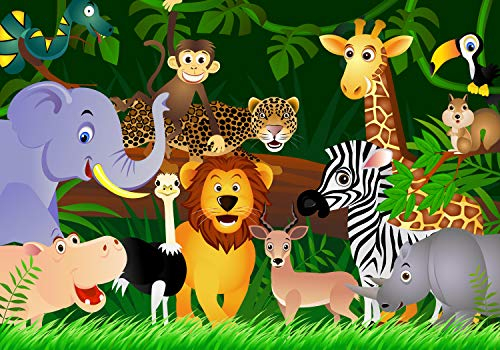 wandmotiv24 Fototapete Kinderzimmer, Dschungel, Tiere, 400 x 280 cm - selbstklebende Strukturtapete, Wanddeko, Wandbild, Wandtapete, Löwe, Elefant, Dschungeltiere M0002