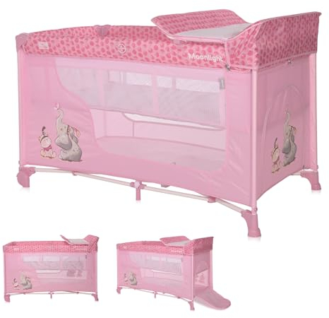 Lorelli 3 in 1 Babybett und Laufstall, Moonlight 2 Ebenen mit Seiteneingang, Kinderbett ab Geburt bis 15 kg, faltbares Baby Reisebett mit Neugeborenen Einsatz, Wickelauflage, Rollen und Tasche, rosa