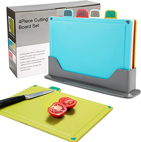 Tabla de Cortar de Plástico Sin BPA - Juego de 4 Piezas 30x22cm Con Soporte Para Pescado, Verduras, Frutas, Carne y Pan