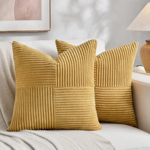 Fancy Homi 2 Packs, senfgelber dekorativer Kissenbezug für Wohnzimmer Couch, Bett, rustikale Farm-Boho-Heimdekoration, weicher Kord, Corss-Patchwork, strukturiert, Kissenbezug, 40x40 cm