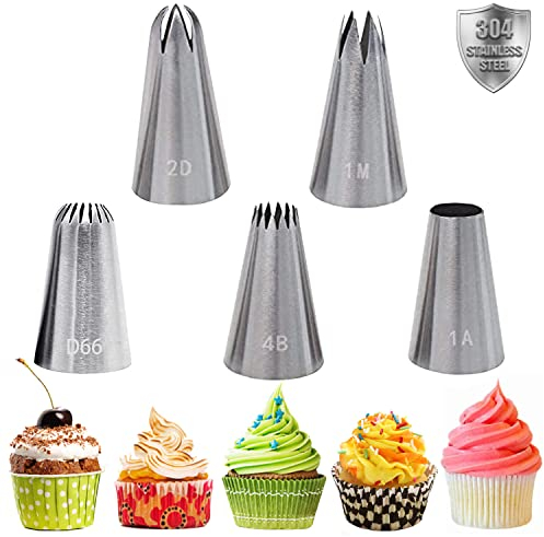 Piping Tips, 5 Pack Cake Decorating Icing Piping Nozzles Stainless Steel Cake Piping Nozzles Tips Kit DIY Icing Cake Decorating Tools for Cream Cupcake Cookie Decorating(1A,1M,2D,4B,D66)