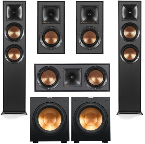 Klipsch Reference 5.2 Dolby Atmos Home Theater System with R-625FA Floorstanding Speakers, R-52C Center, R-41M Surrounds & 2X R-12SW 12 Powered Subwoofer, Black (Speaker System + 2X Subwoofers)