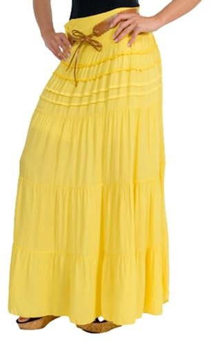 Malito – Rock Damen bodenlang aus Baumwolle mit elegantem Strickmuster & Kunstleder Gürtel – Maxi Rock lang mit breitem Bund – Luftiger Sommerrock 1116 (Dunkelgelb 34-40)