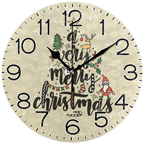 SJOAOAA Orologio da parete con albero di Natale molto allegro, funzionamento a batteria, senza ticchettio, silenzioso, analogico, rustico, rustico, orologio rotondo, decorazione retrò per casa,