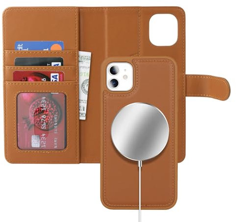 Havaya for Coque iphone 11 Magsafe Compatible Coque iphone 11 Porte Carte Flip Étui Cuir Portefeuille à Rabat Homme Amovible - Marron