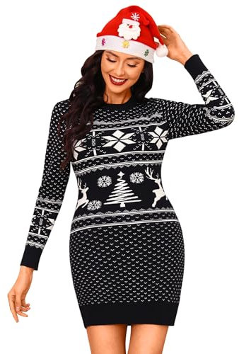 Cowasto Robe Tricotée Robe Pull de Noël pour Femme - Col Rond Manches Longues Pull Tricoté Fête Festive Automne Hiver Noir,XL