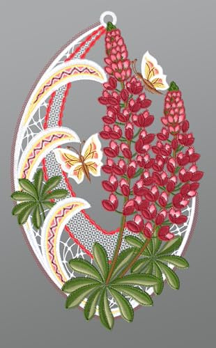 Plauener Spitze Fensterbild Lupinen mit Schmetterlingen (Bx H) 20cm * 34cm Rot-Mehrfarbig Fensterdekoration Fensterschmuck