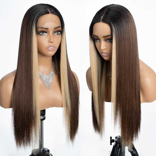 Joedir 13x4x4 Lace Frontal Perücke 26 lang gerade frei Scheitel Seide Basis Lace Front Perücken mit Babyhaar (26inch, Highligts Braun)