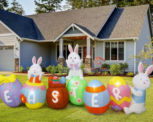 Dawdix Aufblasbare Oster-Dekorationen für den Außenbereich, 3 m lang, aufblasbarer Osterhase mit bunten Eiern, eingebaute LED-Lichter, Osterdekoration für Urlaub, Party, Garten, Rasen