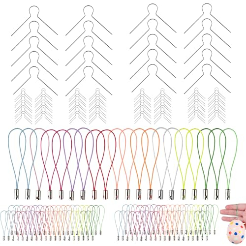 200 Aufhänger für Ostereier Set, 100 Deko Eieraufhänger mit 100 Bunte Schnüre, Metall Kugelaufhänger für DIY Ostern Dekoration