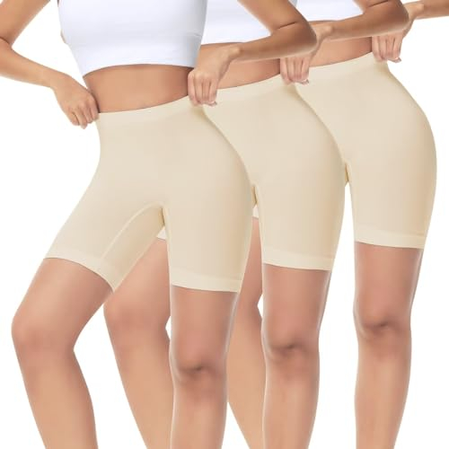 IceReco 3er Pack Radlerhose Damen Kurz für Kleid Hautfarbene Unterwäsche Boxershorts Leggings Sporthose Beige Hautfarbene Blickdicht Laufhose Trainingshose Reibungslos Fahrradhose Kurze Fahrrad L