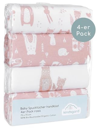 Kindsgard Molton-Spucktücher „Handklad“ – Rosa – 4er-Pack aus 100 % Baumwolle – saugfähig, weich & vielseitig – 70x70 cm – waschbar & trocknergeeignet – Baby Spucktuch Set für Zuhause & unterwegs