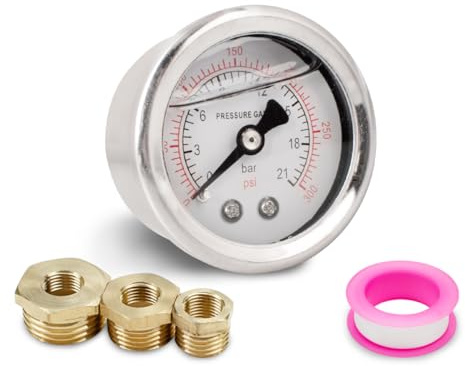 Innfeeltech 1-Pcs 40mm Manometer BSP 1/8 0-21 Bar 0~300 Psi mit 3-Stück Buchse bis 1/4, bis 3/8 und bis 1/2 und einem Teflonband, axial