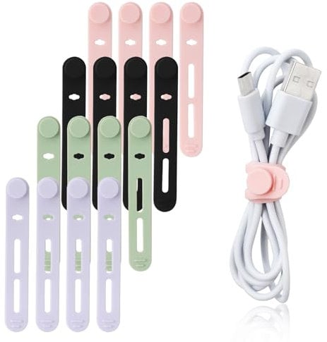 TamBee Cable Ties Reusable Silicone Cable Straps 16pcs Cable Wire Ties Cable Cord Organizers for Earphone Phone Charger Cable Computer (16Pcs, Mix-Color)