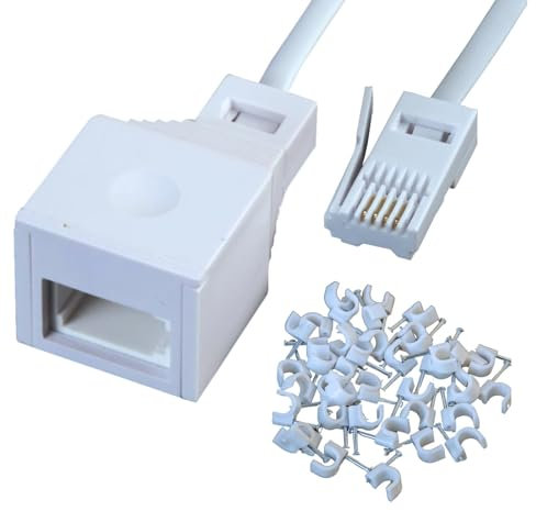 Relloh BT Telephone Extension Cable 10m - Relloh White Male to Female Easy Install Extension Cable Stable Signal For BT Landline Home Office Fax Modem - BT to BT with Cable Clips